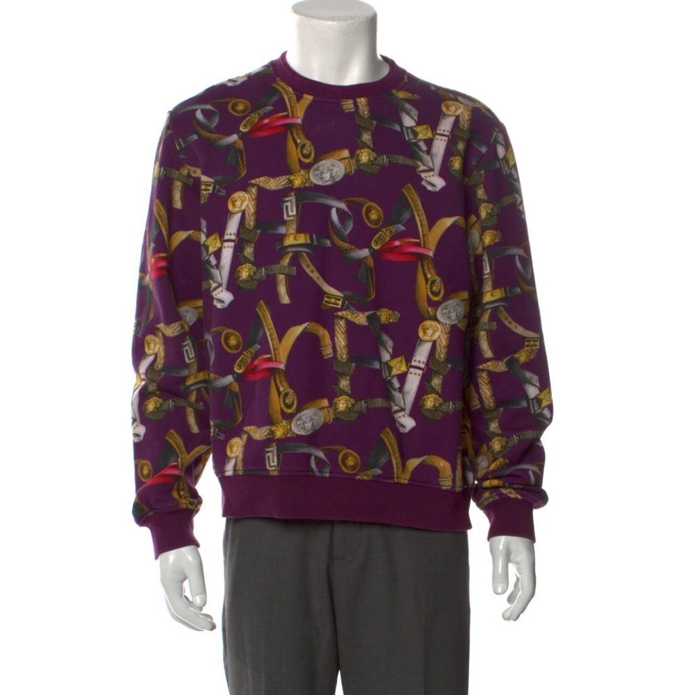 VERSACE COLLECTION Printed Crew Neck Purple Belts Pullover Size: L - Picture 4 of 7